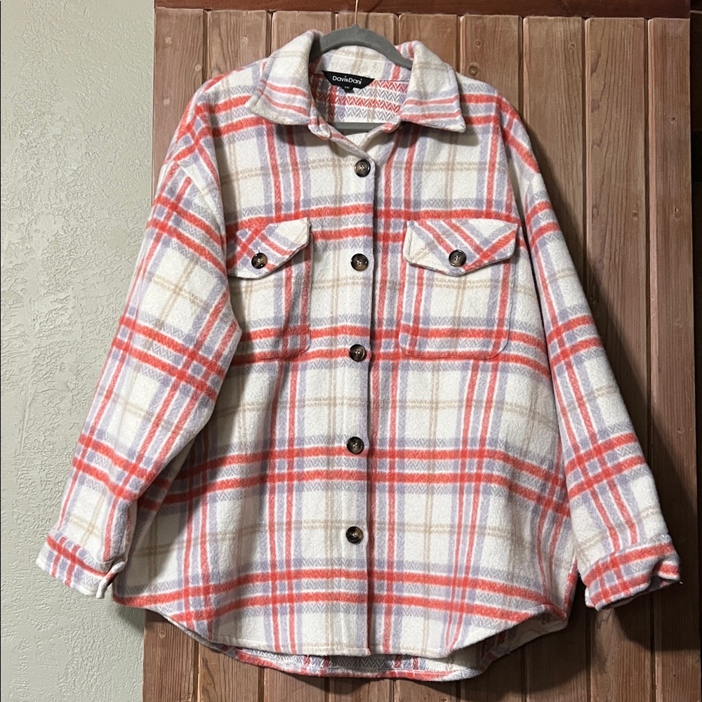 DAVI & DANI Red and Cream Plaid Button Down Shirt Shacket